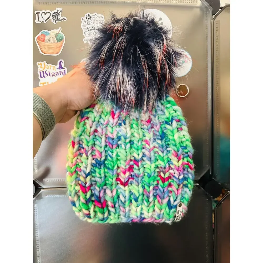 Hand Knit Merino Wool Beanie: DefiKnitly Tasteful Knit Hat with Faux Fur Pom